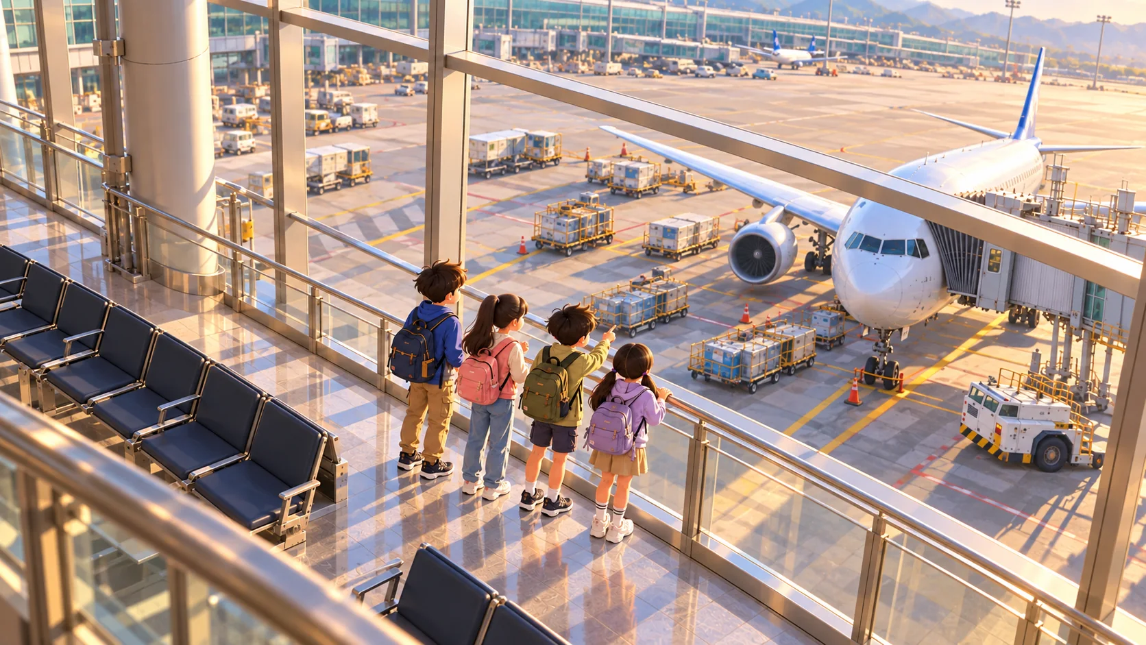 四位學生在桃園機場候機窗前觀看飛機與機坪